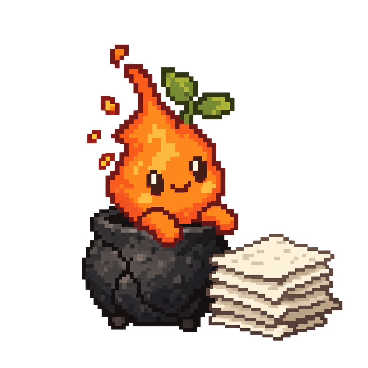 A small ember spirit tending a green sprout beside a stack of papers.